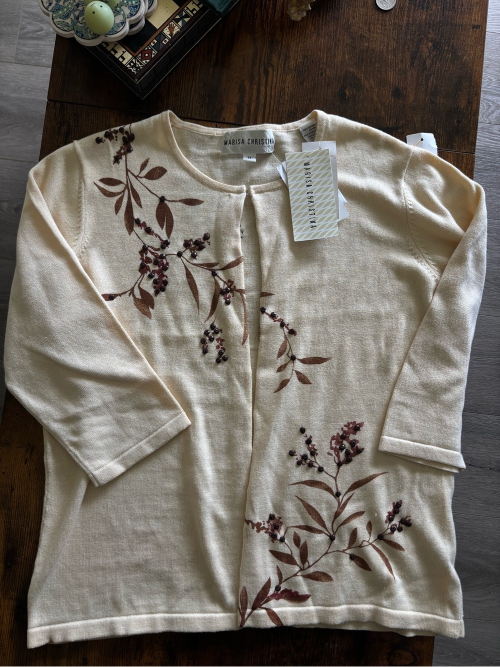 Vintage Marisa Christina Cream Cardigan with Brown and Wine Floral Embroidery